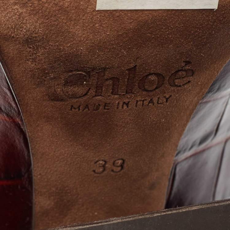 Pre Owned Chloe Burgundy Croc Embossed Leather Ankle Length Boots Size 39