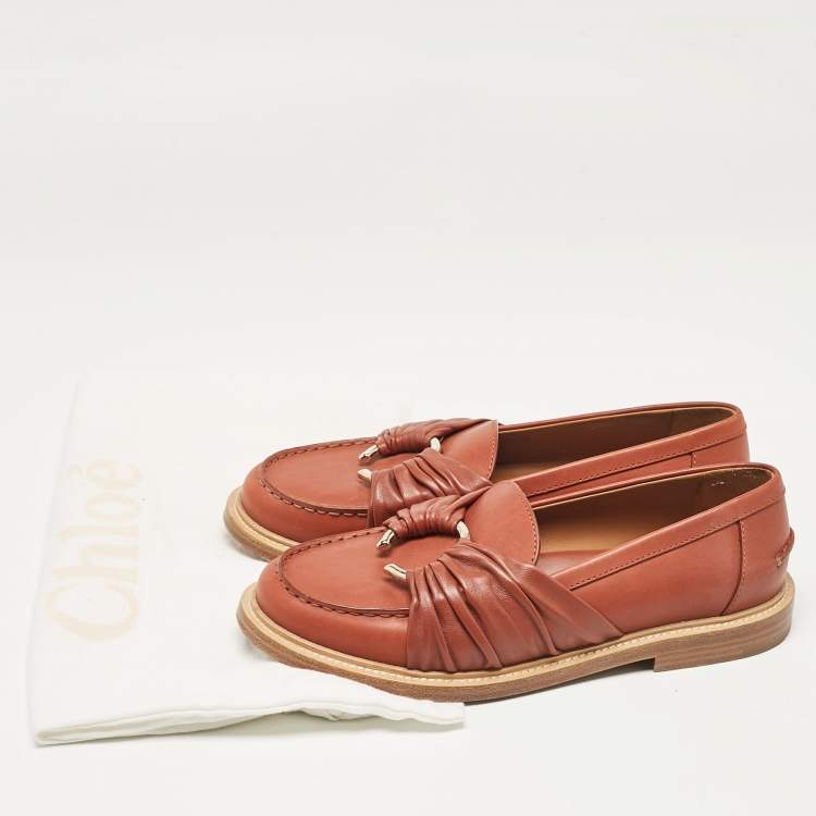 Pre Owned Chloe Brown Leather C Slip On Loafers Size 38