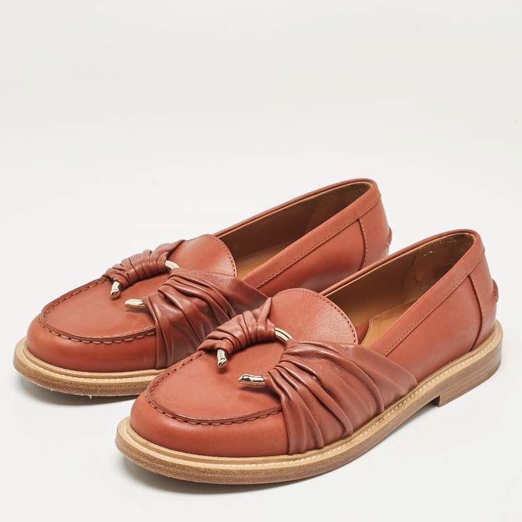 Pre Owned Chloe Brown Leather C Slip On Loafers Size 38