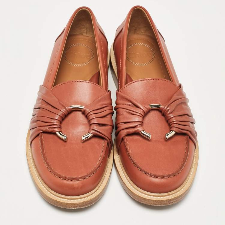 Pre Owned Chloe Brown Leather C Slip On Loafers Size 38