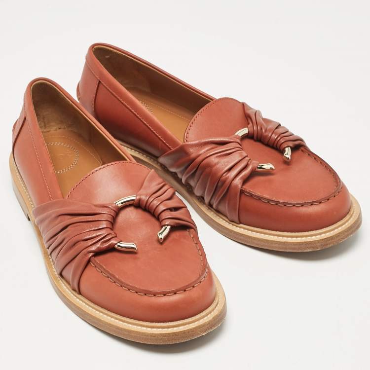 Pre Owned Chloe Brown Leather C Slip On Loafers Size 38