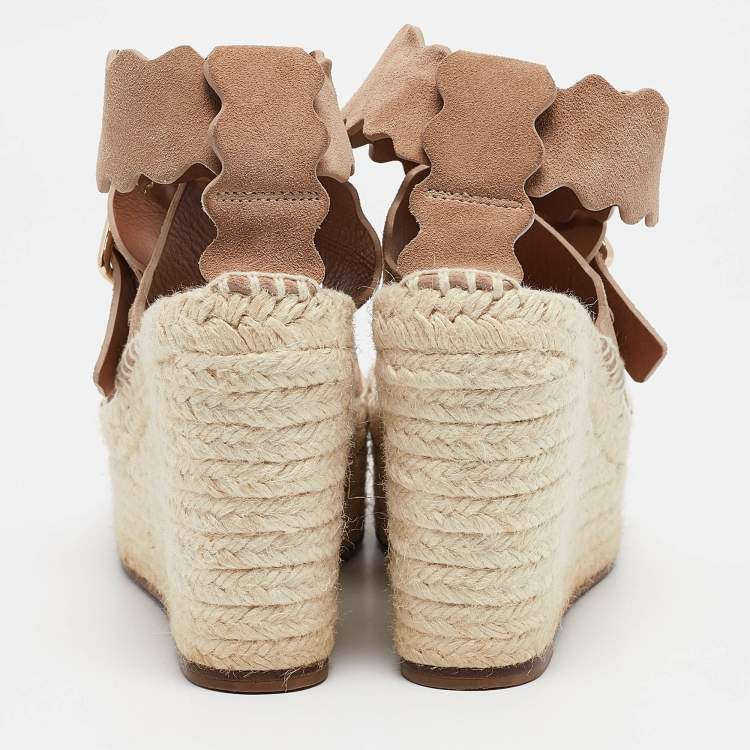 Pre Owned Chloe Beige Suede Laurena Scalloped Wedge Sandals Size 37