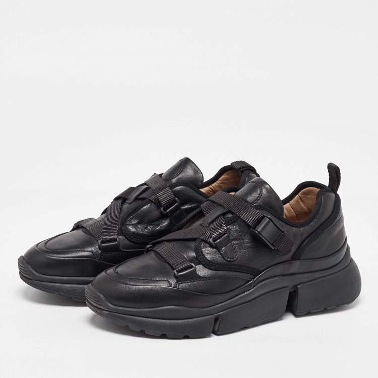 Pre Owned Chloe Black Leather Sonnie Buckle Strap Sneakers Size 39