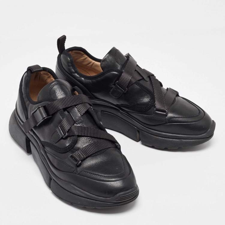 Pre Owned Chloe Black Leather Sonnie Buckle Strap Sneakers Size 39