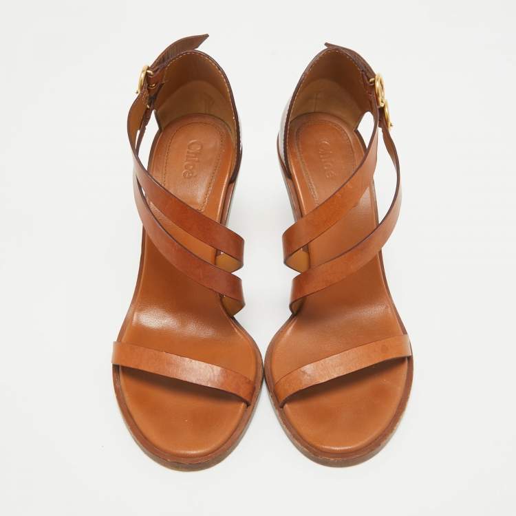 Pre Owned Chloe Brown Leather Double Ankle Strap Niko Sandals Size 38