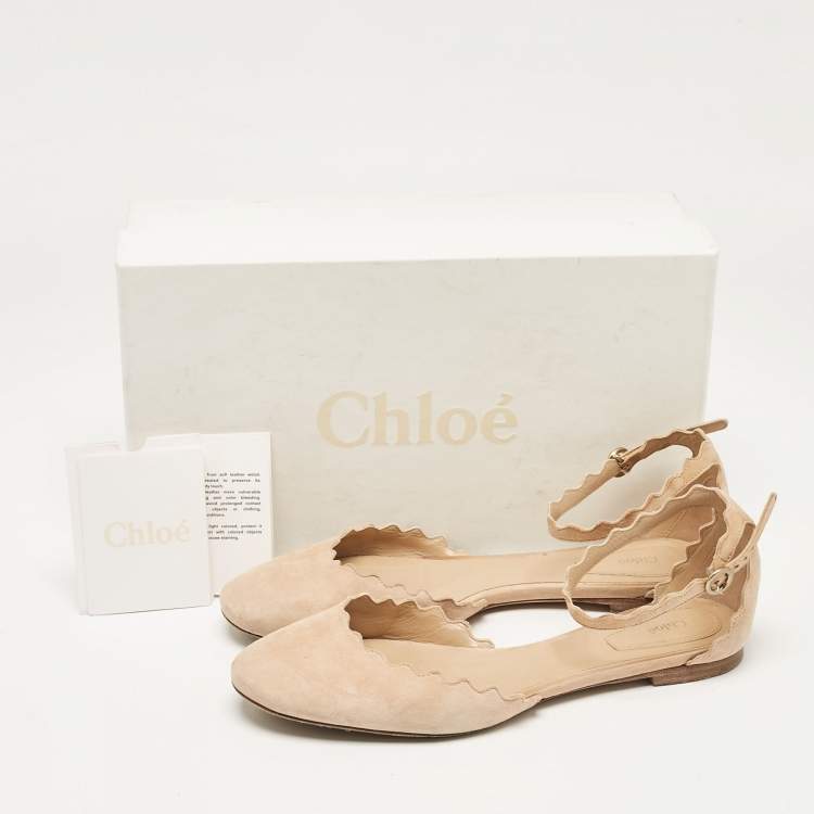 Pre Owned Chloe Beige Suede Lauren Scalloped Ankle Strap Ballet Flats Size 37.5