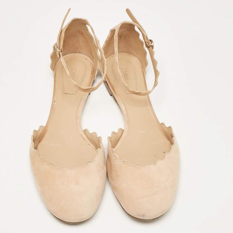 Pre Owned Chloe Beige Suede Lauren Scalloped Ankle Strap Ballet Flats Size 37.5