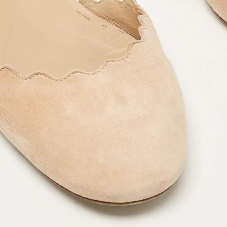 Pre Owned Chloe Beige Suede Lauren Scalloped Ankle Strap Ballet Flats Size 37.5