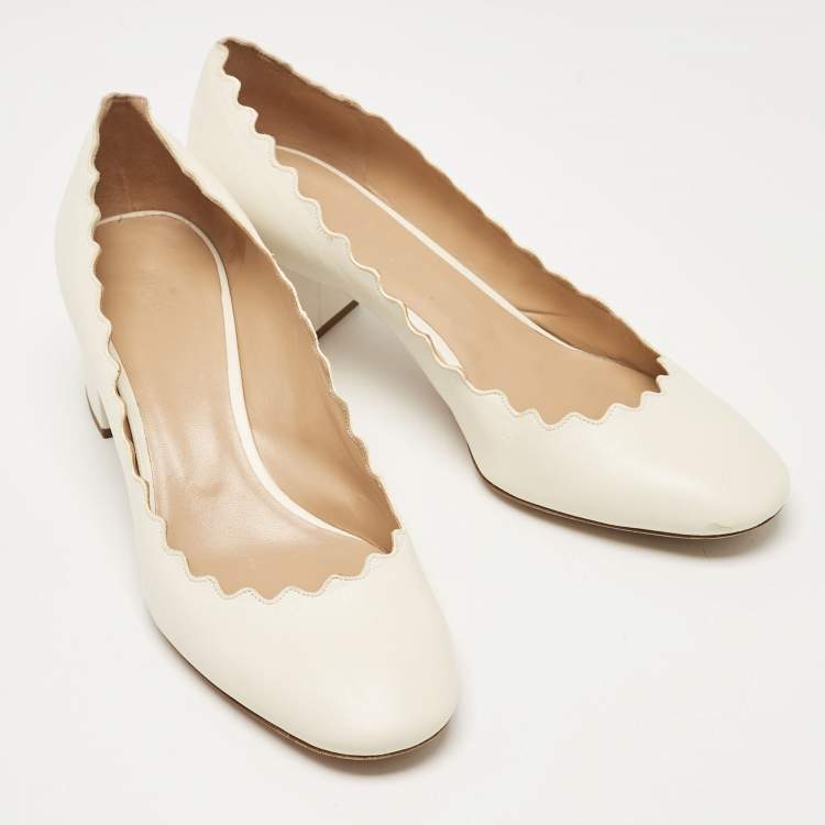 Pre Owned Chloe Off White Leather Scalloped Lauren Pumps Size 38.5