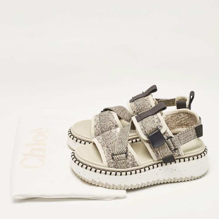 Pre Owned Chloe Cream/Brown Canvas Lilli Ankle Strap Sandals Size 37