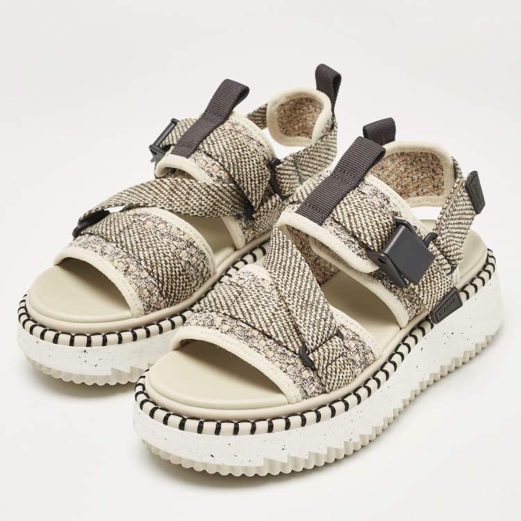 Pre Owned Chloe Cream/Brown Canvas Lilli Ankle Strap Sandals Size 37