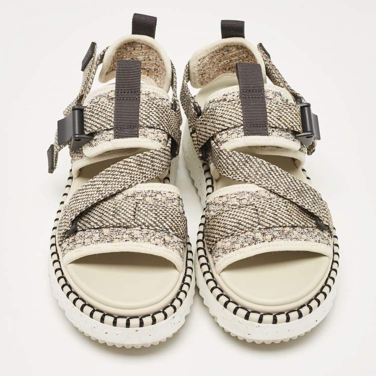 Pre Owned Chloe Cream/Brown Canvas Lilli Ankle Strap Sandals Size 37