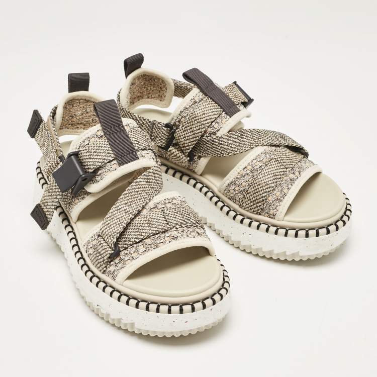Pre Owned Chloe Cream/Brown Canvas Lilli Ankle Strap Sandals Size 37
