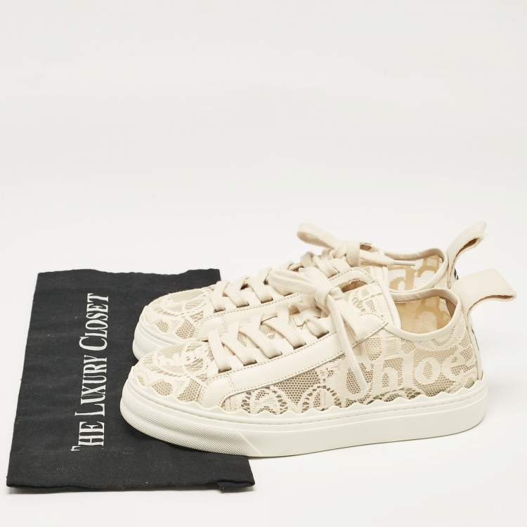 Pre Owned Chloe Cream Lace and Leather Lauren Lace Up Sneakers Size 38