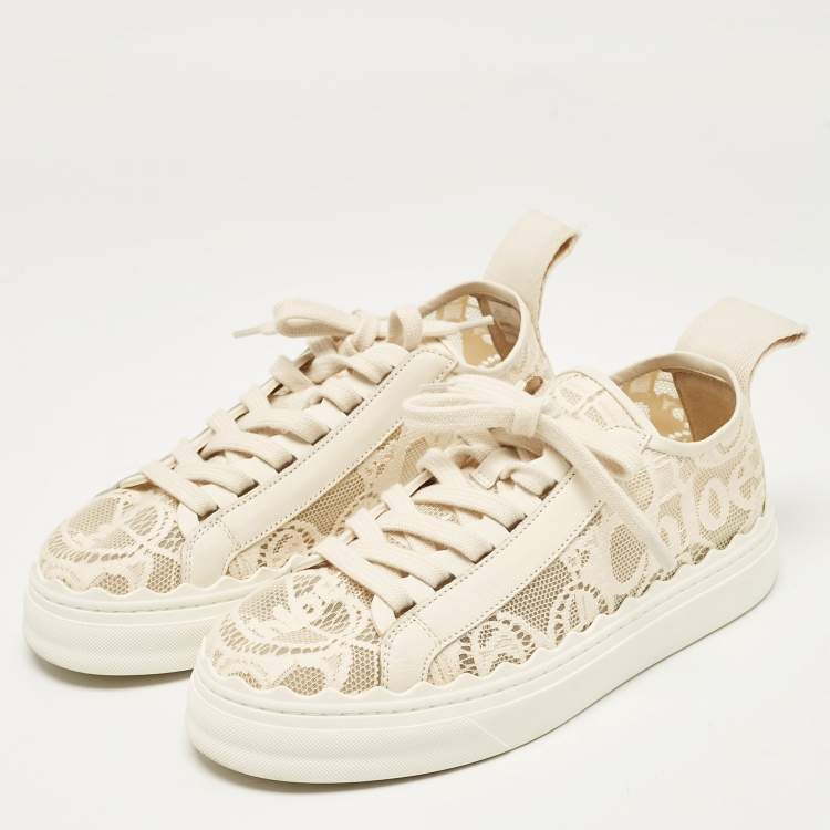 Pre Owned Chloe Cream Lace and Leather Lauren Lace Up Sneakers Size 38