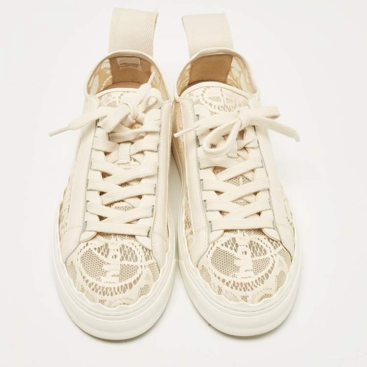 Pre Owned Chloe Cream Lace and Leather Lauren Lace Up Sneakers Size 38