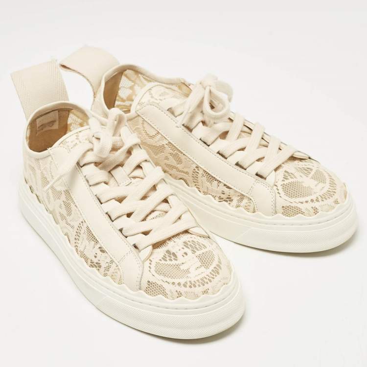 Pre Owned Chloe Cream Lace and Leather Lauren Lace Up Sneakers Size 38