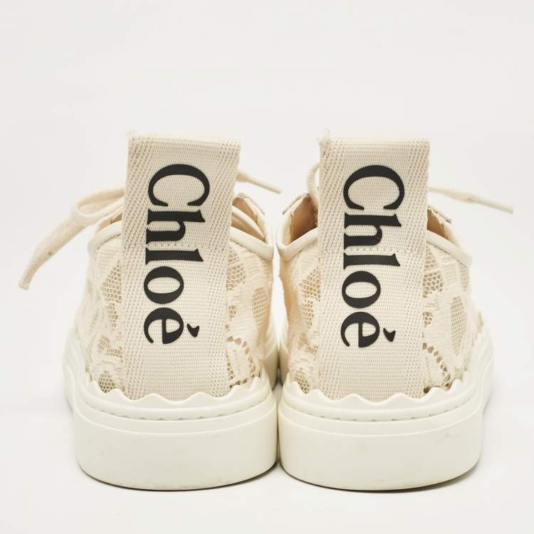 Pre Owned Chloe Cream Lace and Leather Lauren Lace Up Sneakers Size 38