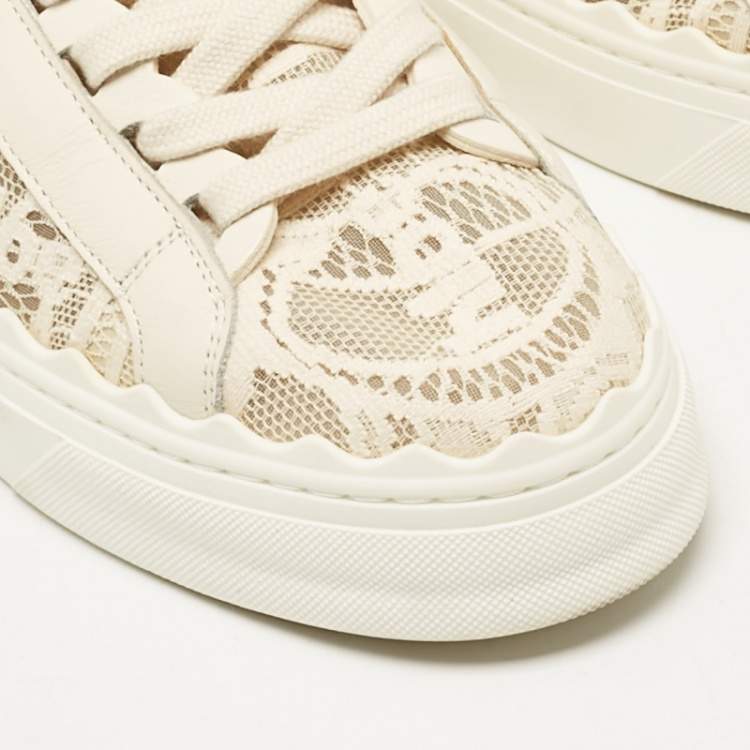 Pre Owned Chloe Cream Lace and Leather Lauren Lace Up Sneakers Size 38