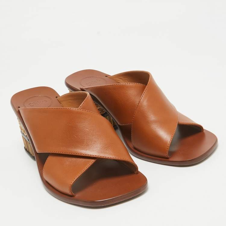 Pre Owned Chloe Brown Leather Slide Sandals Size 38