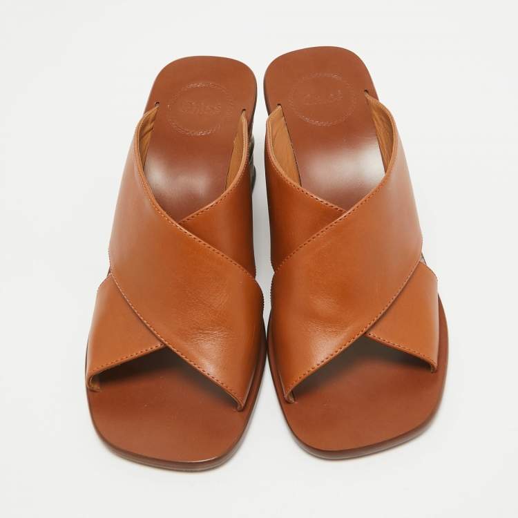 Pre Owned Chloe Brown Leather Slide Sandals Size 38