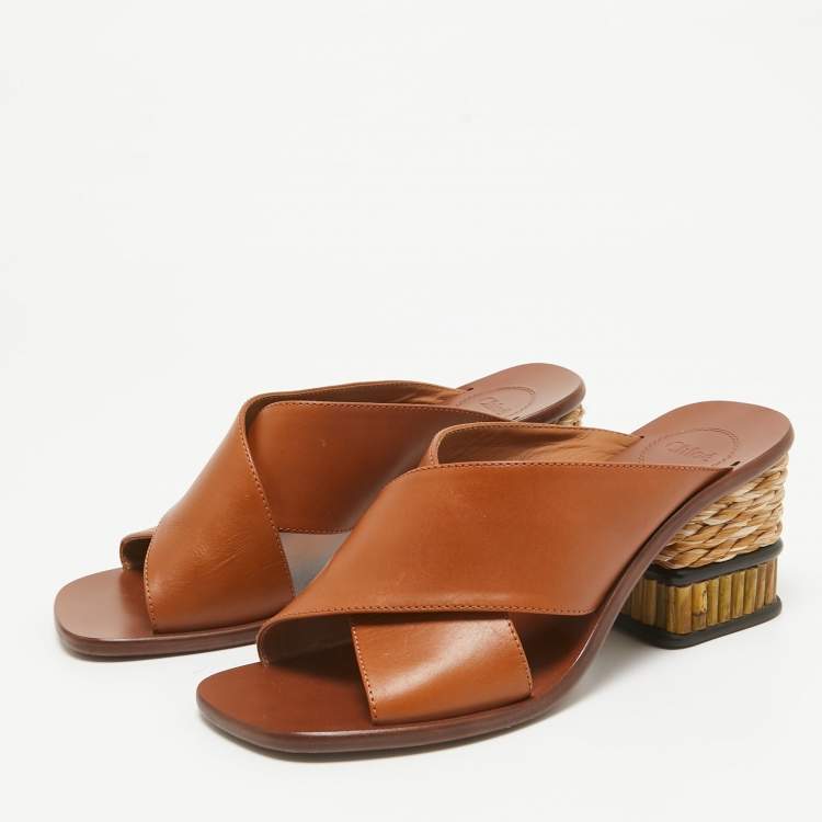 Pre Owned Chloe Brown Leather Slide Sandals Size 38