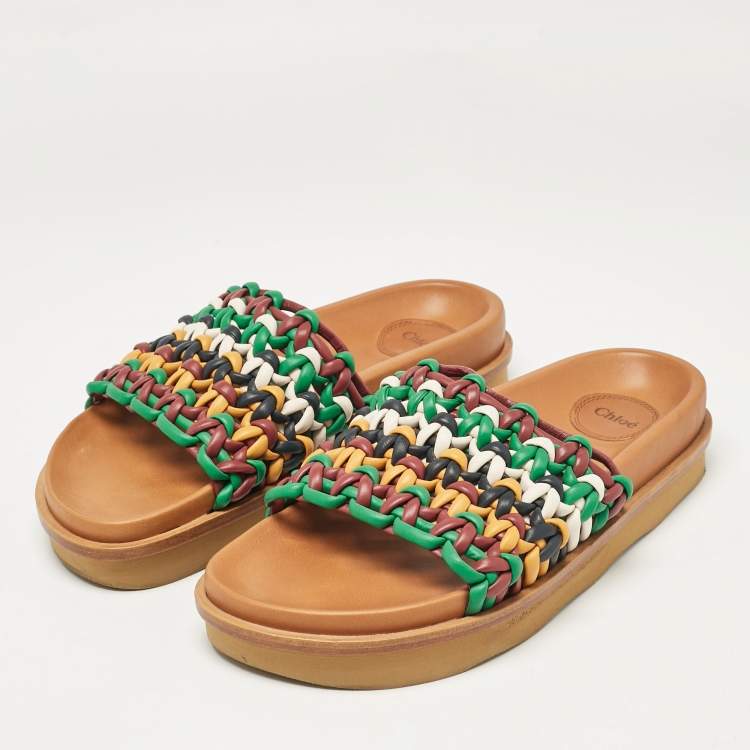 Pre Owned Chloe Multicolor Woven Leather Flat Slides Size 40