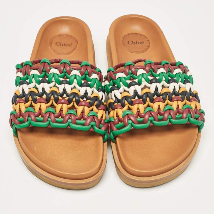 Pre Owned Chloe Multicolor Woven Leather Flat Slides Size 40