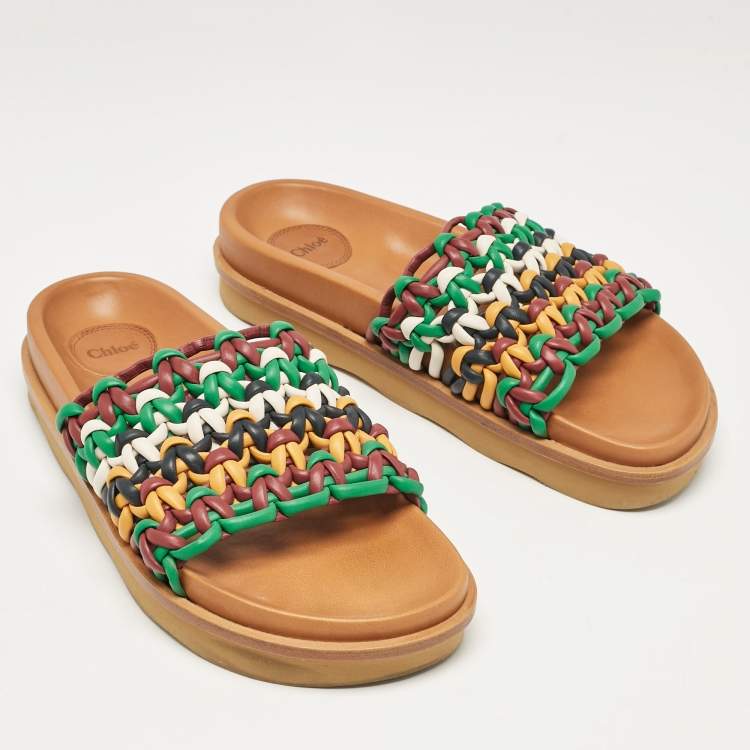 Pre Owned Chloe Multicolor Woven Leather Flat Slides Size 40