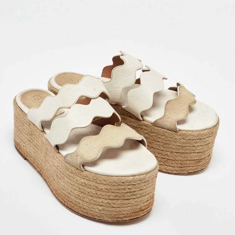 Pre Owned Chloe White Leather Suede Espadrille Platform Sandals Size 35