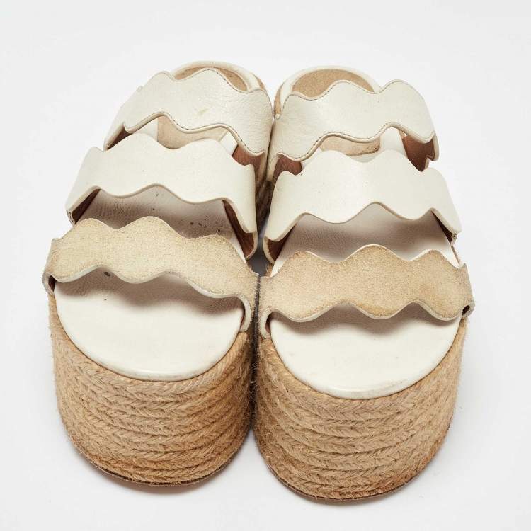 Pre Owned Chloe White Leather Suede Espadrille Platform Sandals Size 35