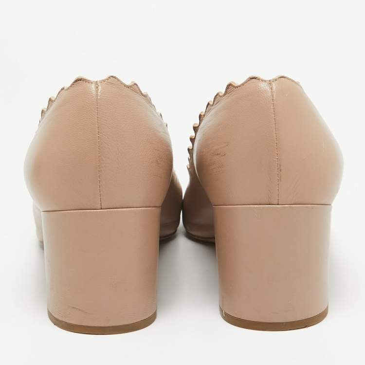 Pre Owned Chloe Beige Leather Laurena Scalloped Block Heel Pumps Size 36.5