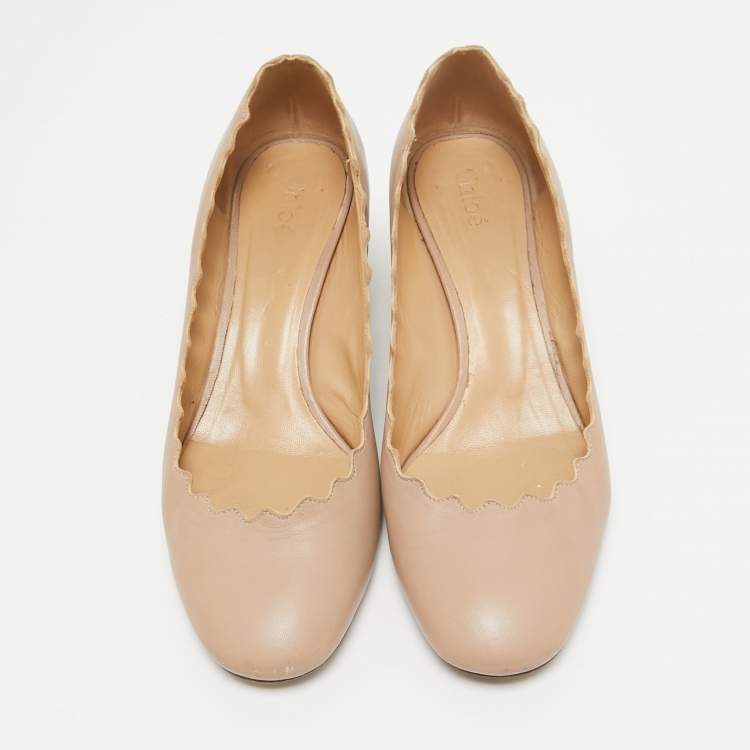 Pre Owned Chloe Beige Leather Laurena Scalloped Block Heel Pumps Size 36.5