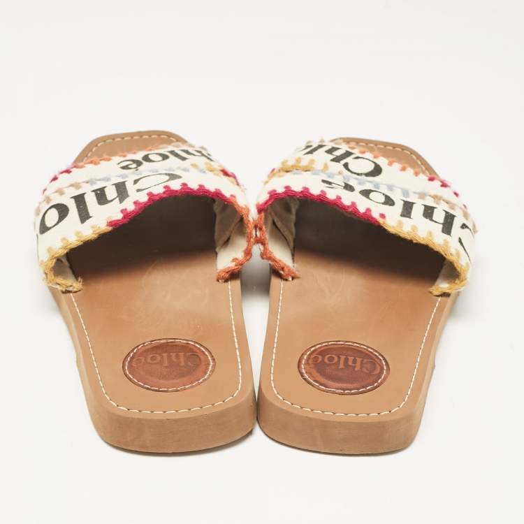 Pre Owned Chloe Multicolor Canvas Woody Flat Sandals Size 37