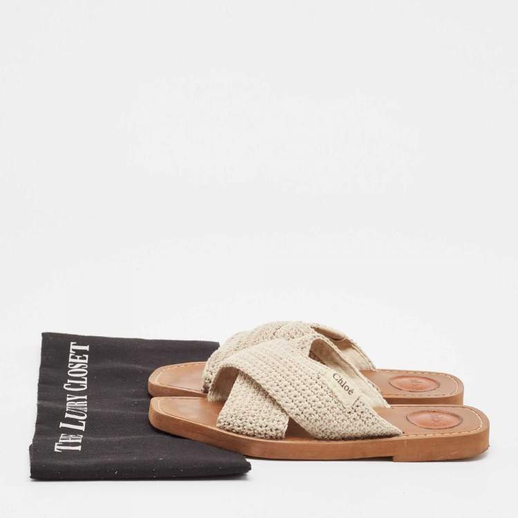 Pre Owned Chloe Off White Knit Fabric Woody Flat Sandals Size 38