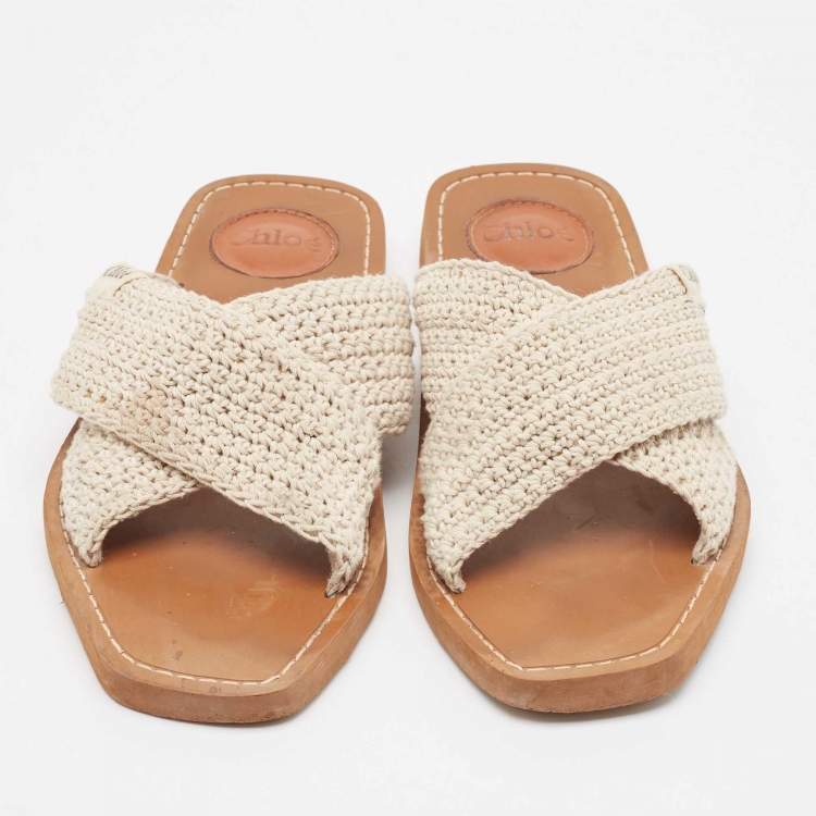 Pre Owned Chloe Off White Knit Fabric Woody Flat Sandals Size 38