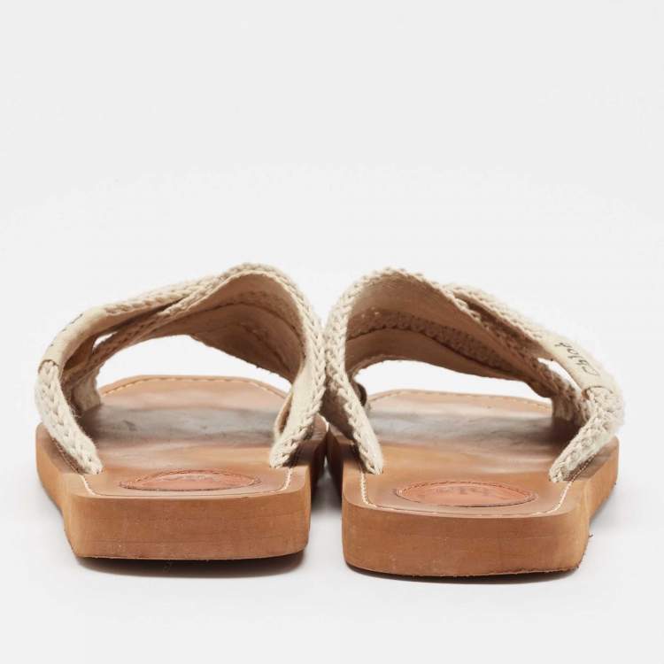Pre Owned Chloe Off White Knit Fabric Woody Flat Sandals Size 38