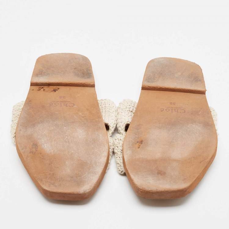 Pre Owned Chloe Off White Knit Fabric Woody Flat Sandals Size 38