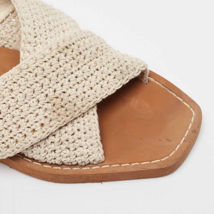 Pre Owned Chloe Off White Knit Fabric Woody Flat Sandals Size 38