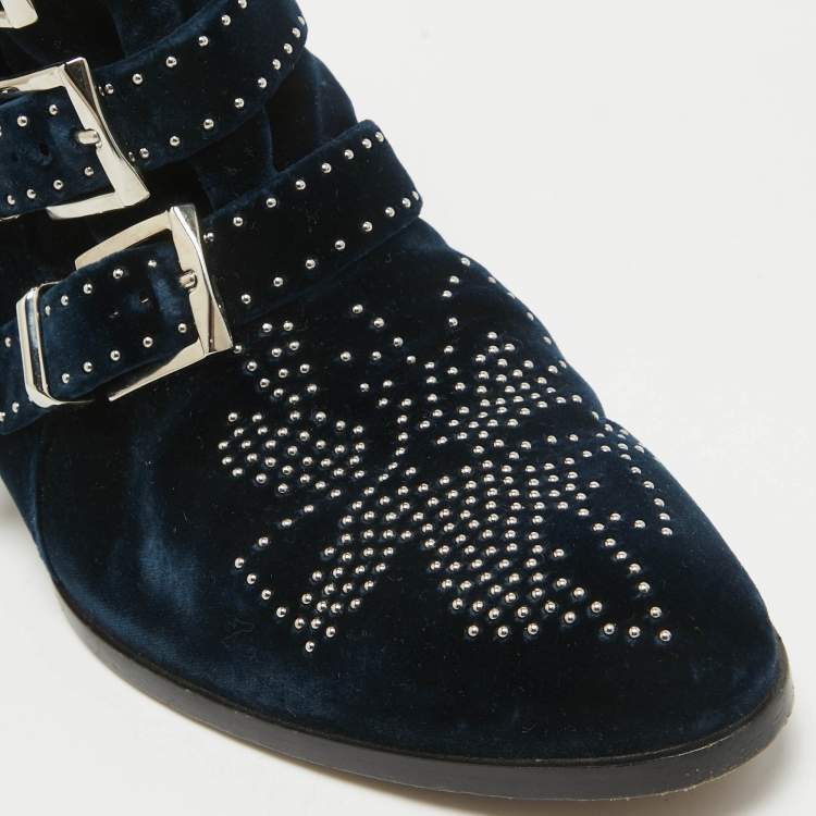 مملوكة مسبقًا Chloe Dark Blue Velvet Susanna Ankle Boots Size 40