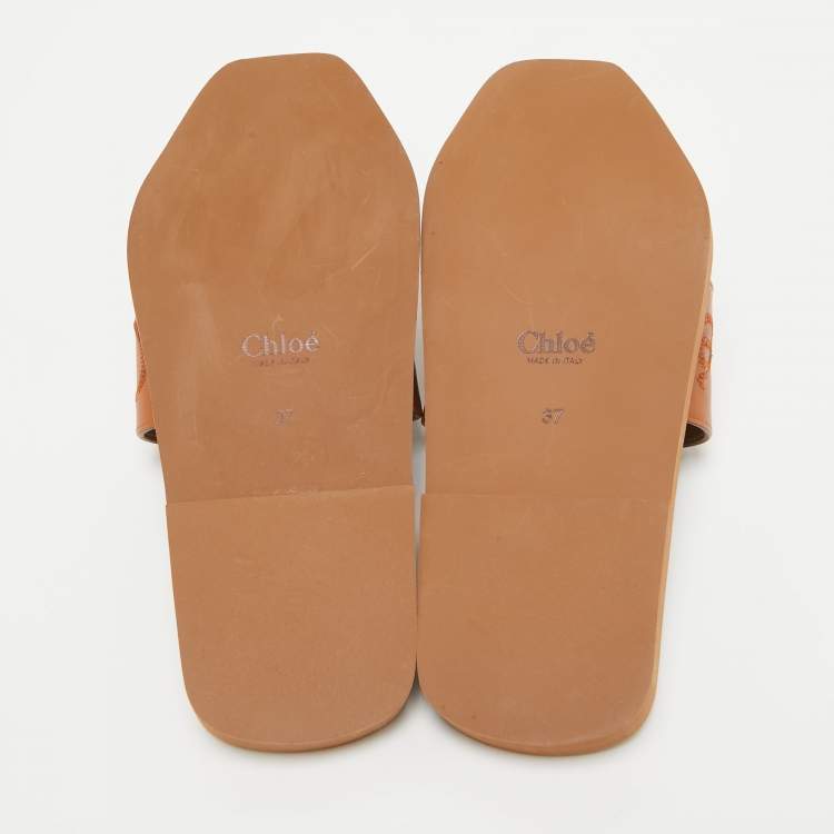 Pre Owned Chloe Brown Leather Logo Embroidered Woody Flat Slides Size 37