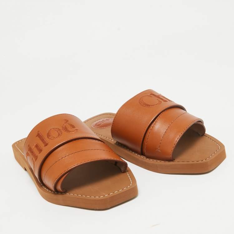 Pre Owned Chloe Brown Leather Logo Embroidered Woody Flat Slides Size 37
