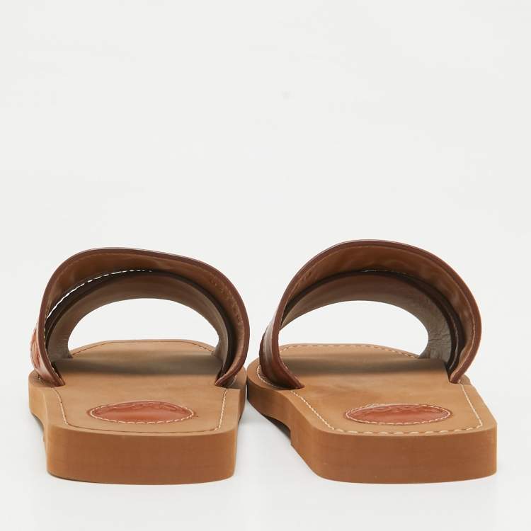 Pre Owned Chloe Brown Leather Logo Embroidered Woody Flat Slides Size 37