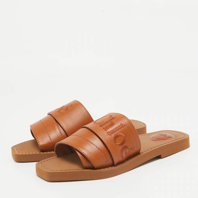 Pre Owned Chloe Brown Leather Logo Embroidered Woody Flat Slides Size 37