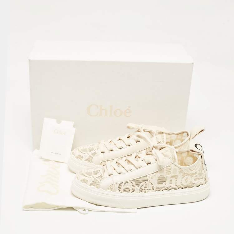 Pre Owned Chloe Light Beige Lace and Leather Lauren Low Top Sneakers Size 41
