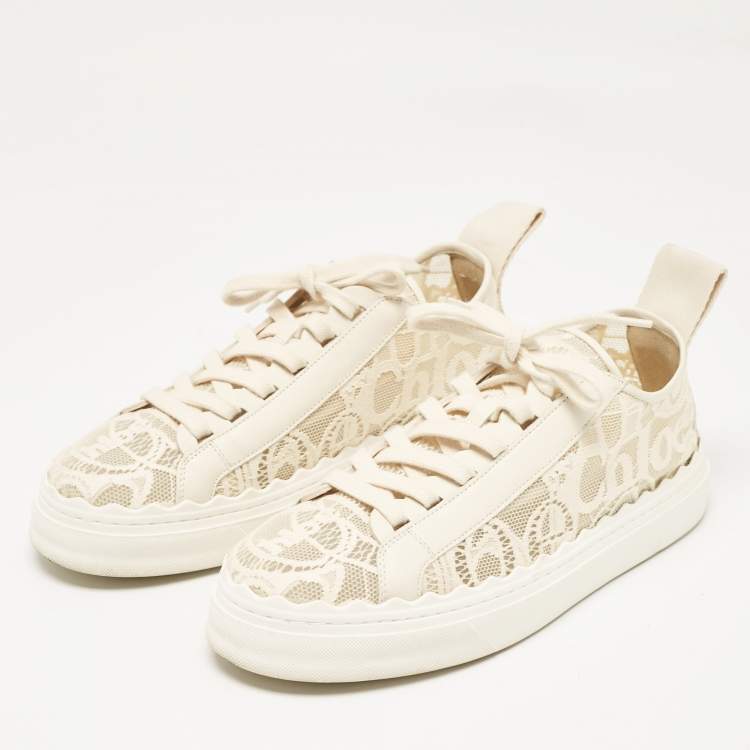 Pre Owned Chloe Light Beige Lace and Leather Lauren Low Top Sneakers Size 41