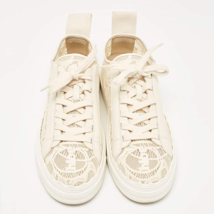 Pre Owned Chloe Light Beige Lace and Leather Lauren Low Top Sneakers Size 41