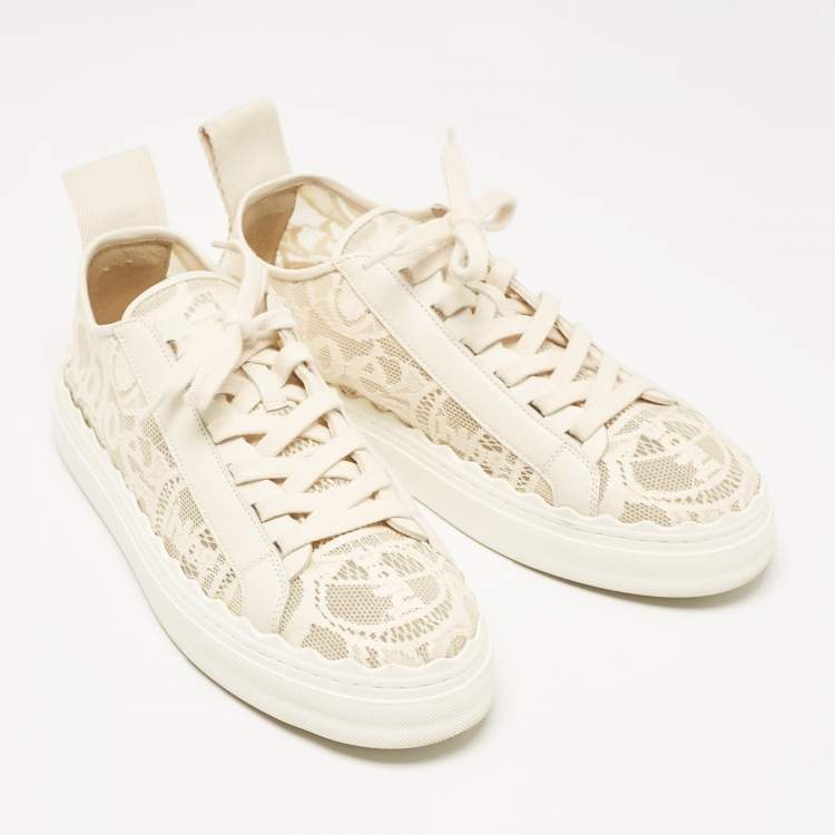 Pre Owned Chloe Light Beige Lace and Leather Lauren Low Top Sneakers Size 41