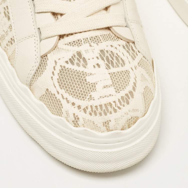 Pre Owned Chloe Light Beige Lace and Leather Lauren Low Top Sneakers Size 41