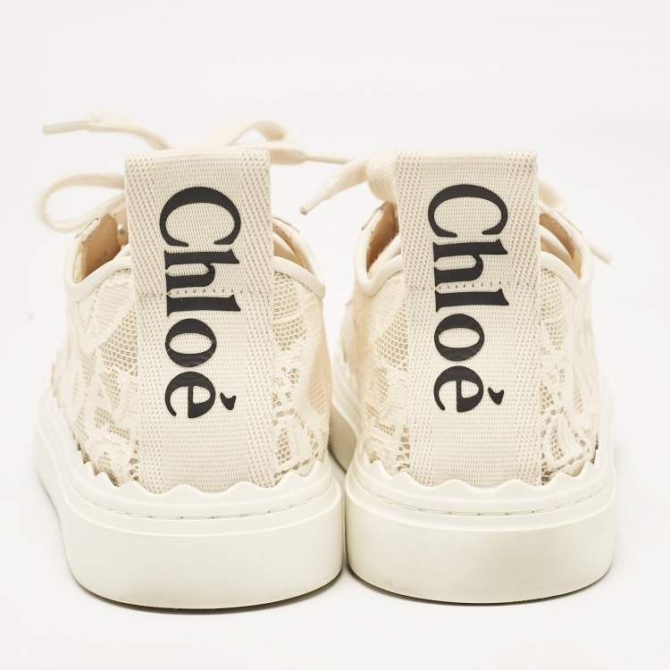 Pre Owned Chloe Light Beige Lace and Leather Lauren Low Top Sneakers Size 41